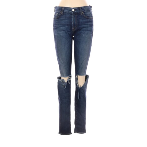 7 For All Mankind Distressed Mid Rise Skinny Jeans Dark Wash Size 29 - Picture 1 of 4